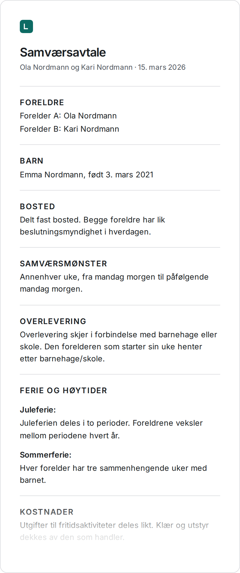 Samværsavtale eksempel