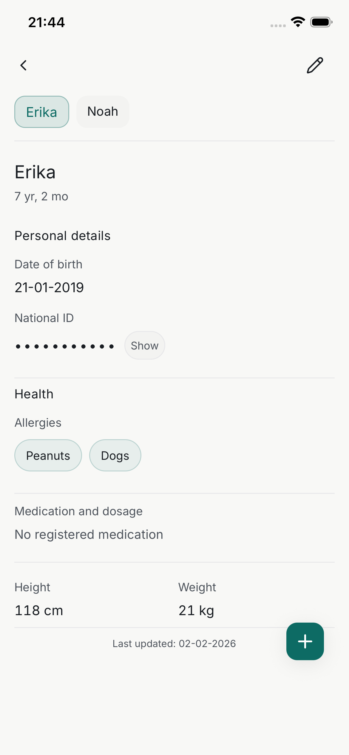 Child information screen